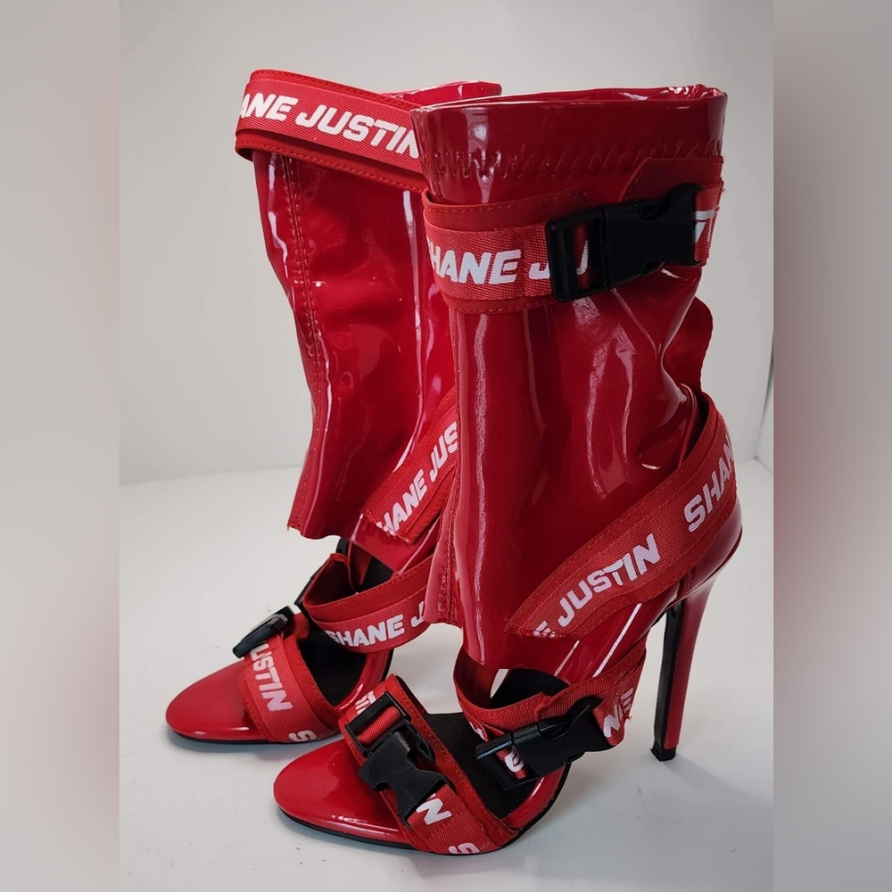 Shane Justin Red Patent Strappy High Heel Sandals - Picture 2 of 8